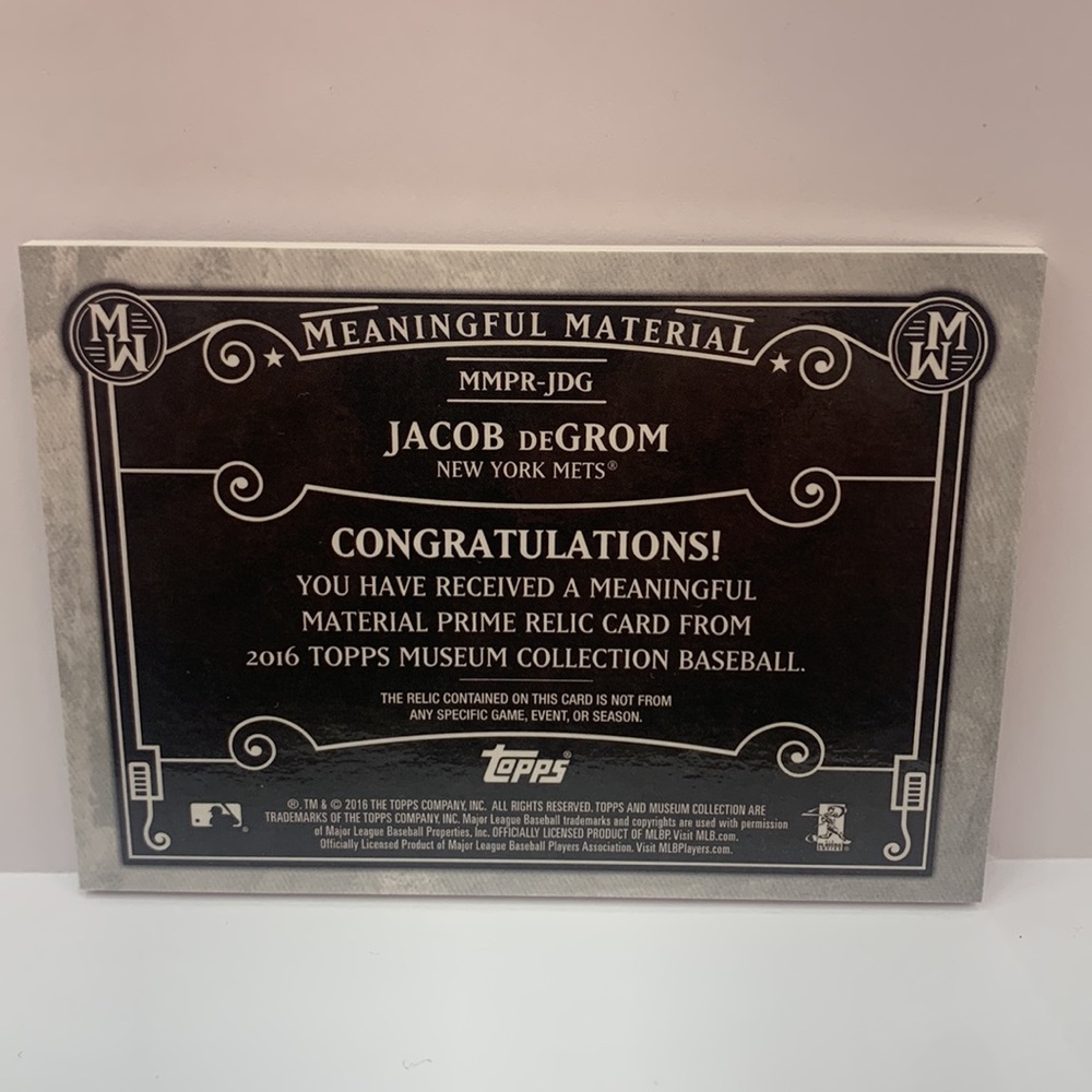2016 Topps Jacob DeGrom Meaningful Materials #MMPR-JDG 15/50 (MISC10) - Picture 2 of 2